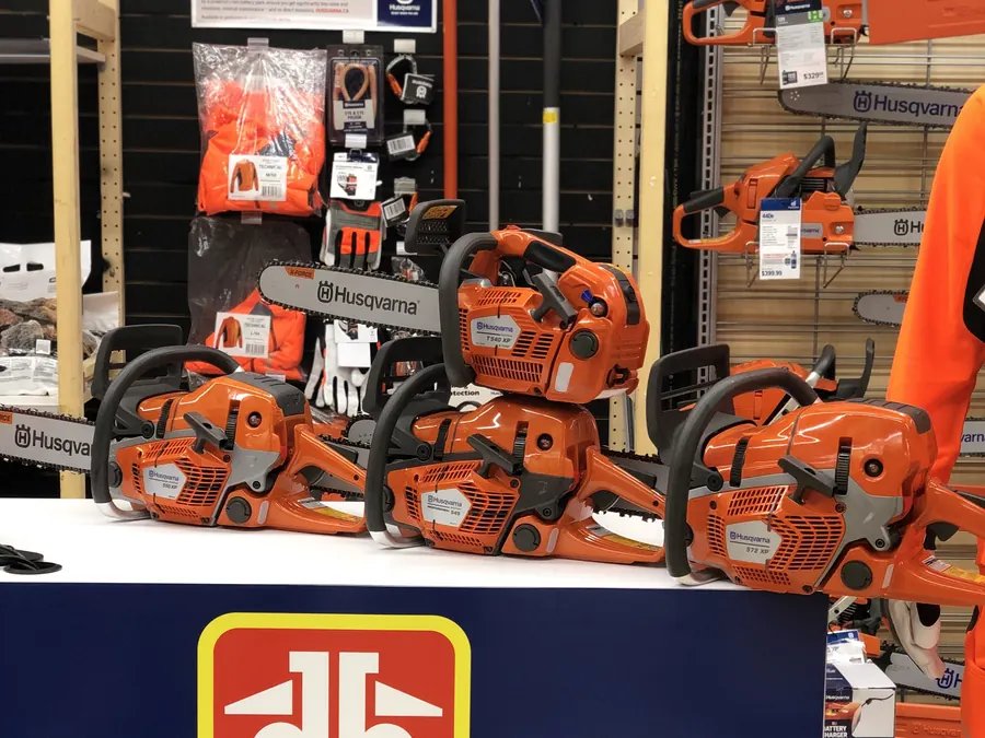 Husqvarna chainsaws on the wall at Brooklin Home Hardware