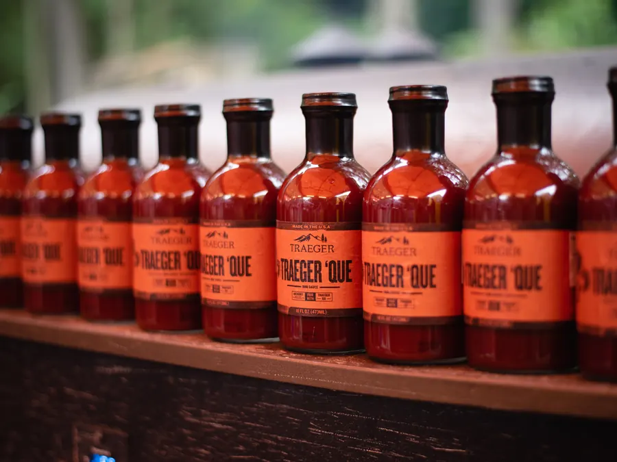 A row of barbecue sauce bottles