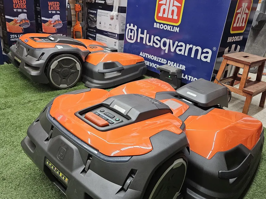 Husqvarna robotic mowers on display in the store